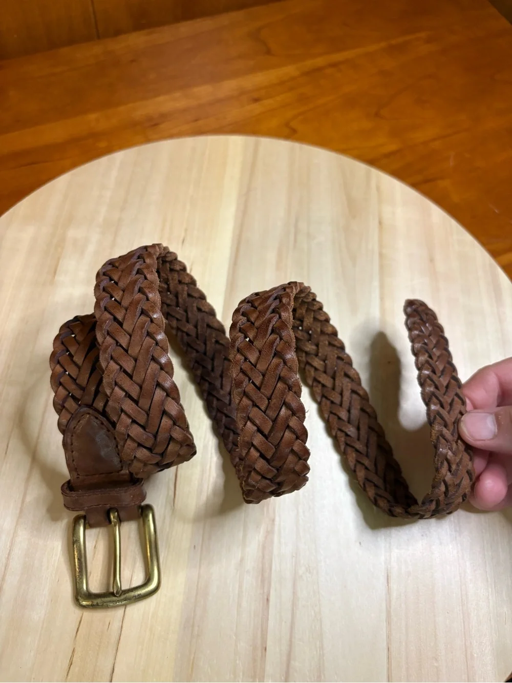 Woven brown leather belt, solid brass buckle